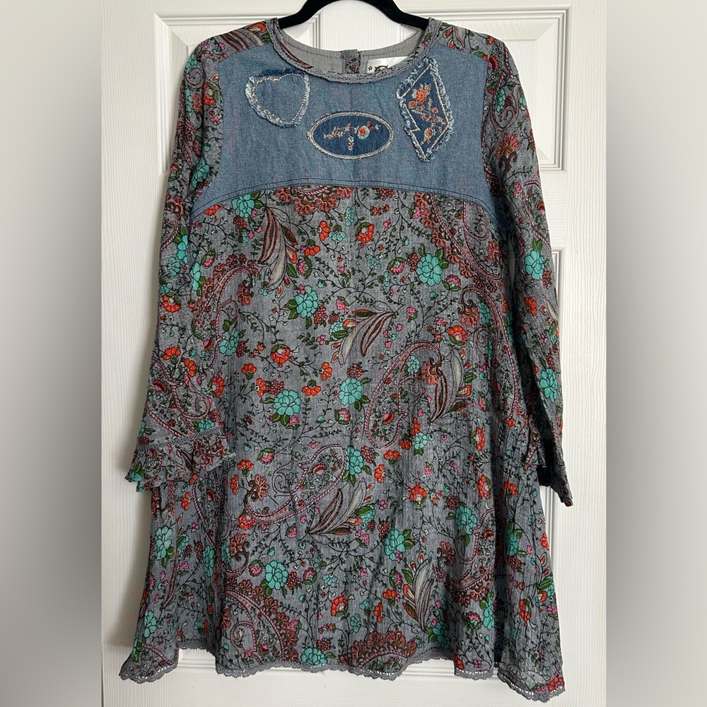 Peace Love Paisley Patchwork Embroidered Mini Dress Size 8 Boho Hippie Cottage